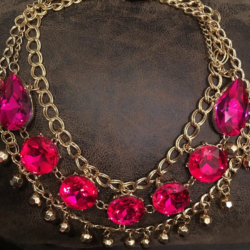 Natasha Hot Pink & Gold Showstopper Statement Necklace New Dr1